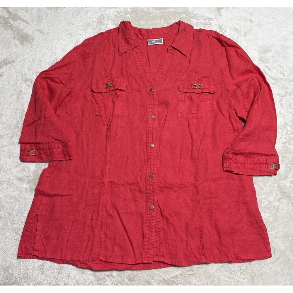 JM Collection 100% Linen Shirt Top Womens 2XL Red 3/4 Sleeve Button Up Blouse